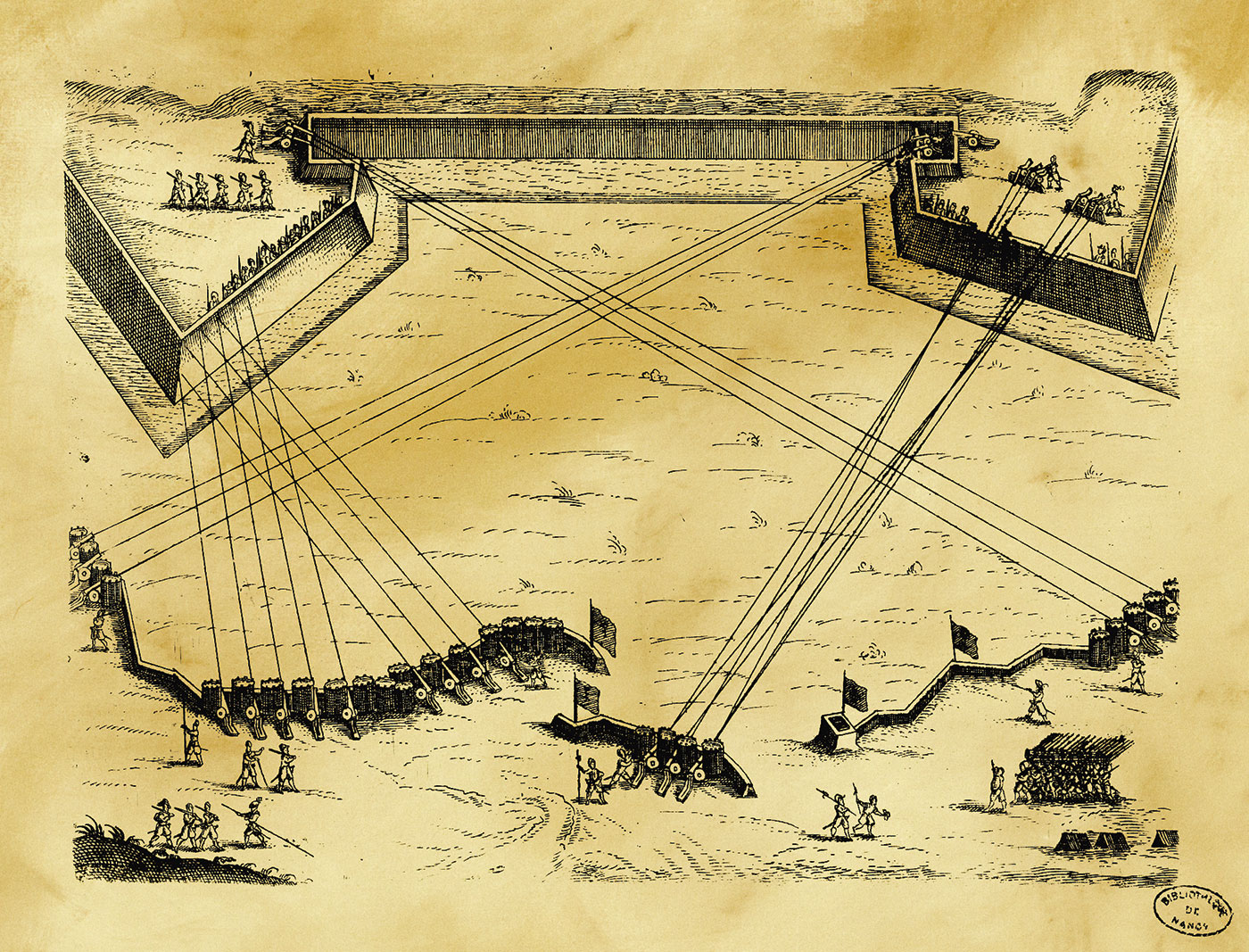 How one must make a counterbattery in a bastion, from which without fear of being discovered one can dismount all the pieces of the enemy. From <em>La Pyrotechnie de Hanzelet Lorrain</em> (1630), Jean Appier-Hanzelet.